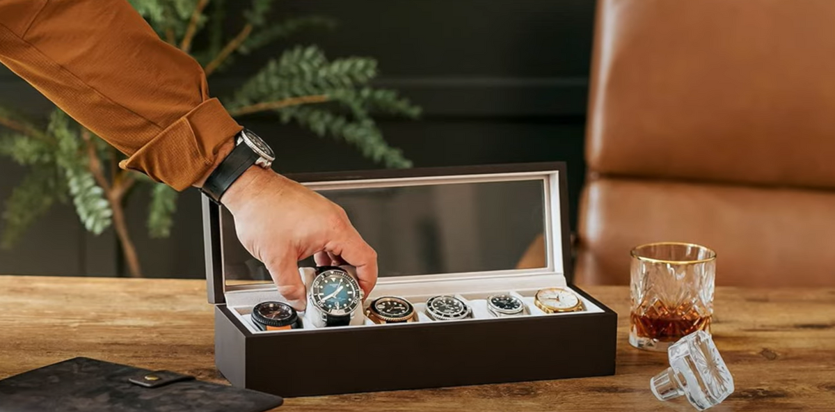 various watches on a watch collection box