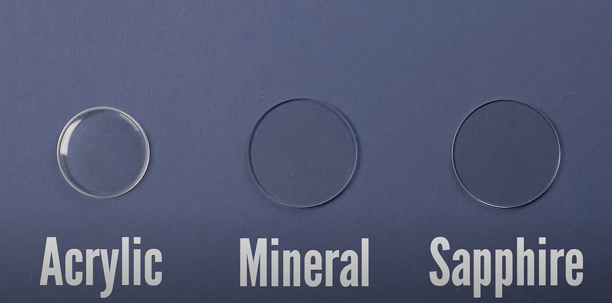 acrylic, mineral, and sapphire watch glass