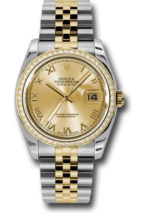 Rolex Steel and Yellow Gold Rolesor Datejust 36 Watch - 52 Brilliant-Cut Diamond Bezel - Champagne Roman Dial - Jubilee Bracelet - 116243 chrj