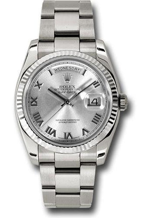 Rolex White Gold Day-Date 36 Watch - Fluted Bezel - Rhodium Roman Dial - Oyster Bracelet - 118239 rro