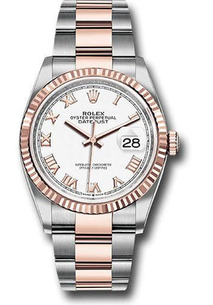 Rolex Steel and Everose Rolesor Datejust 36 Watch - Fluted Bezel - White Roman Dial - Oyster Bracelet - 126231 wro