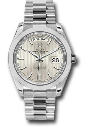 Rolex 950 Platinum Day-Date 40 Watch - Smooth Bezel - Silver Strip Motif Index Dial - President Bracelet - 228206 ssmip