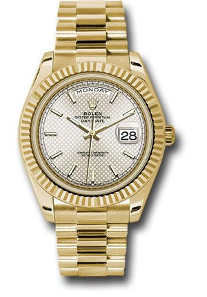 Rolex Yellow Gold Day-Date 40 Watch - Fluted Bezel - Silver Diagonal Motif Index Dial - President Bracelet - 228238 sdmip