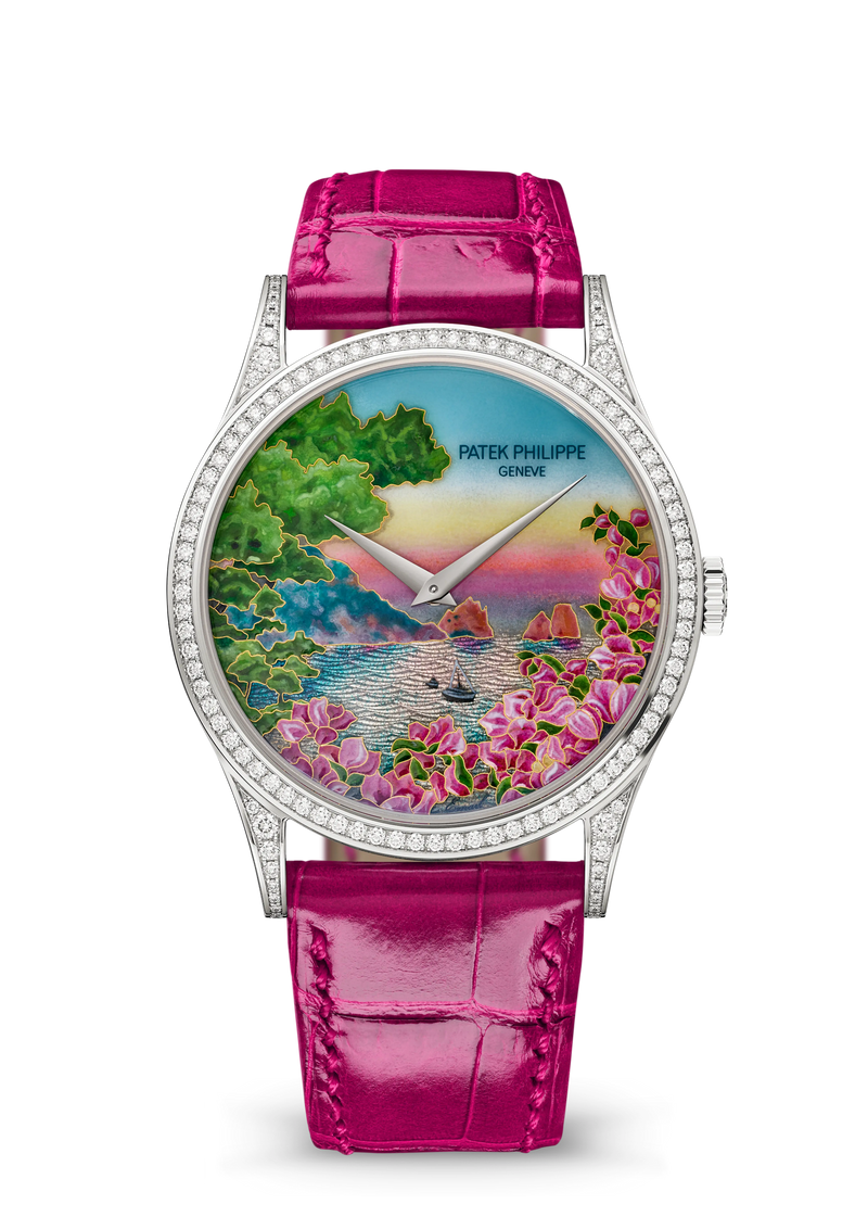 Patek Philippe Rare Handcrafts Calatrava “The Pink Bay” - White Gold - Miniature-Painted Enamel Dial Ref. # 5077/100G-082