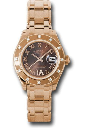 Rolex Pink Gold Lady-Datejust Pearlmaster 29 Watch - 12 Diamond Bezel - Chocolate Brown Diamond Roman Vi Roman Dial - 80315 brrd